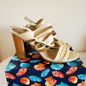 High heel sandals with white and gold braided detail by Kenneth Cole 9.5M